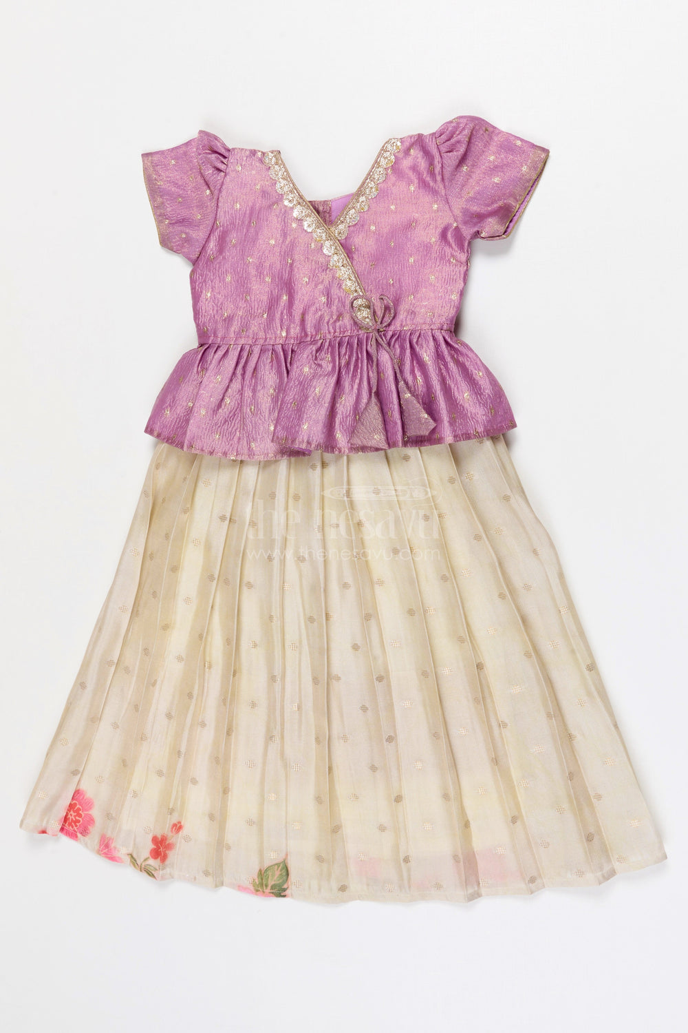 The Nesavu Pattu Pavadai Baby Girl Pattu Pavadai for Weddings and Festive Functions Nesavu 18 (2Y) / Half white / Banarasi GPP370B-18 Nesavu Baby Girl Pattu Pavadai Semi Banaras Silk Dress For Weddings And Festivals