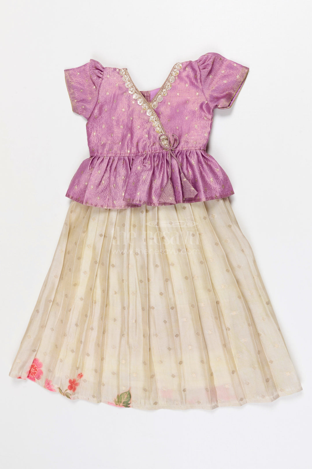 The Nesavu Pattu Pavadai Baby Girl Pattu Pavadai for Weddings and Festive Functions Nesavu 18 (2Y) / Half white / Banarasi GPP370B-18 Nesavu Baby Girl Pattu Pavadai Semi Banaras Silk Dress For Weddings And Festivals