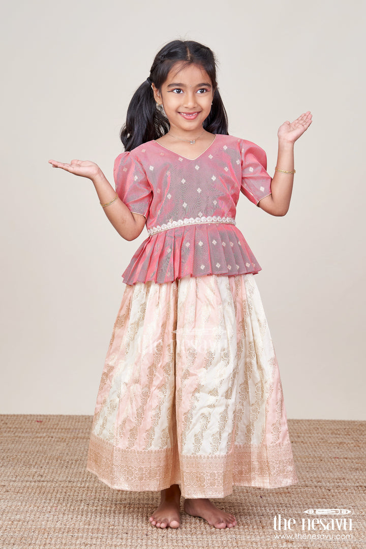 The Nesavu Pattu Pavadai Baby Girl Pattu Pavadai in Peach Silk for Festive Celebrations Nesavu 18 (2Y) / Peach GPP330A-18 Nesavu baby girl pattu pavadai peach Banaras silk festive family occasions