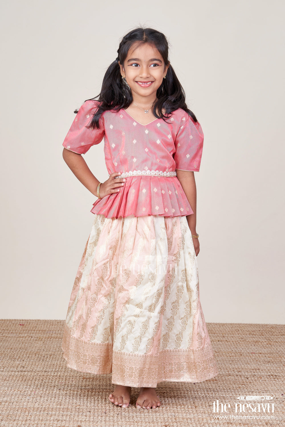The Nesavu Pattu Pavadai Baby Girl Pattu Pavadai in Peach Silk for Festive Celebrations Nesavu Nesavu baby girl pattu pavadai peach Banaras silk festive family occasions