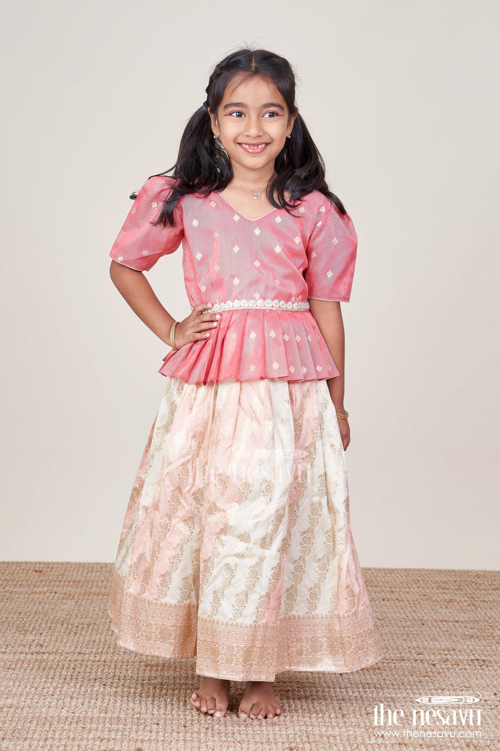 The Nesavu Pattu Pavadai Baby Girl Pattu Pavadai in Peach Silk for Festive Celebrations Nesavu Nesavu baby girl pattu pavadai peach Banaras silk festive family occasions