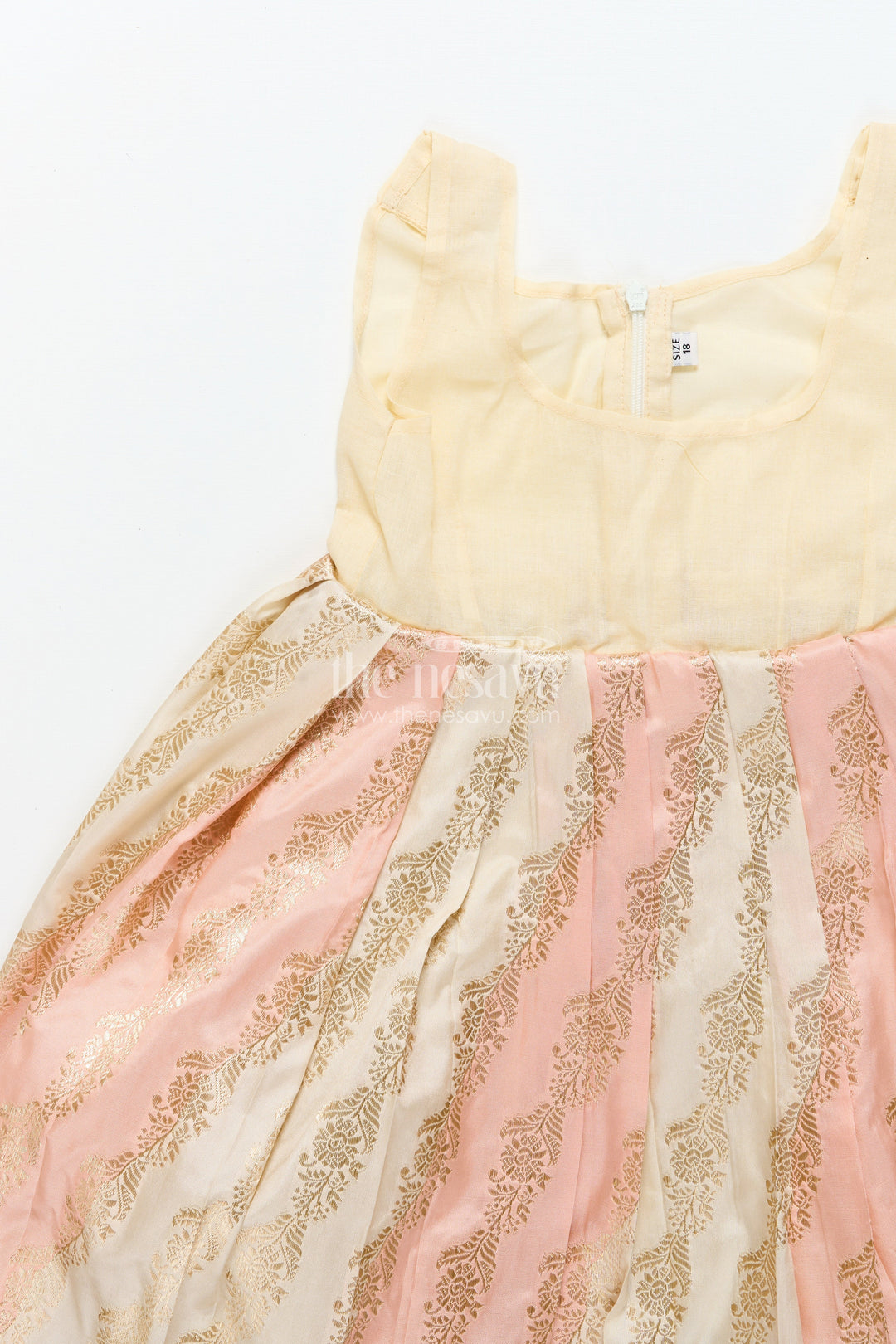 The Nesavu Pattu Pavadai Baby Girl Pattu Pavadai in Peach Silk for Festive Celebrations Nesavu Nesavu baby girl pattu pavadai peach Banaras silk festive family occasions