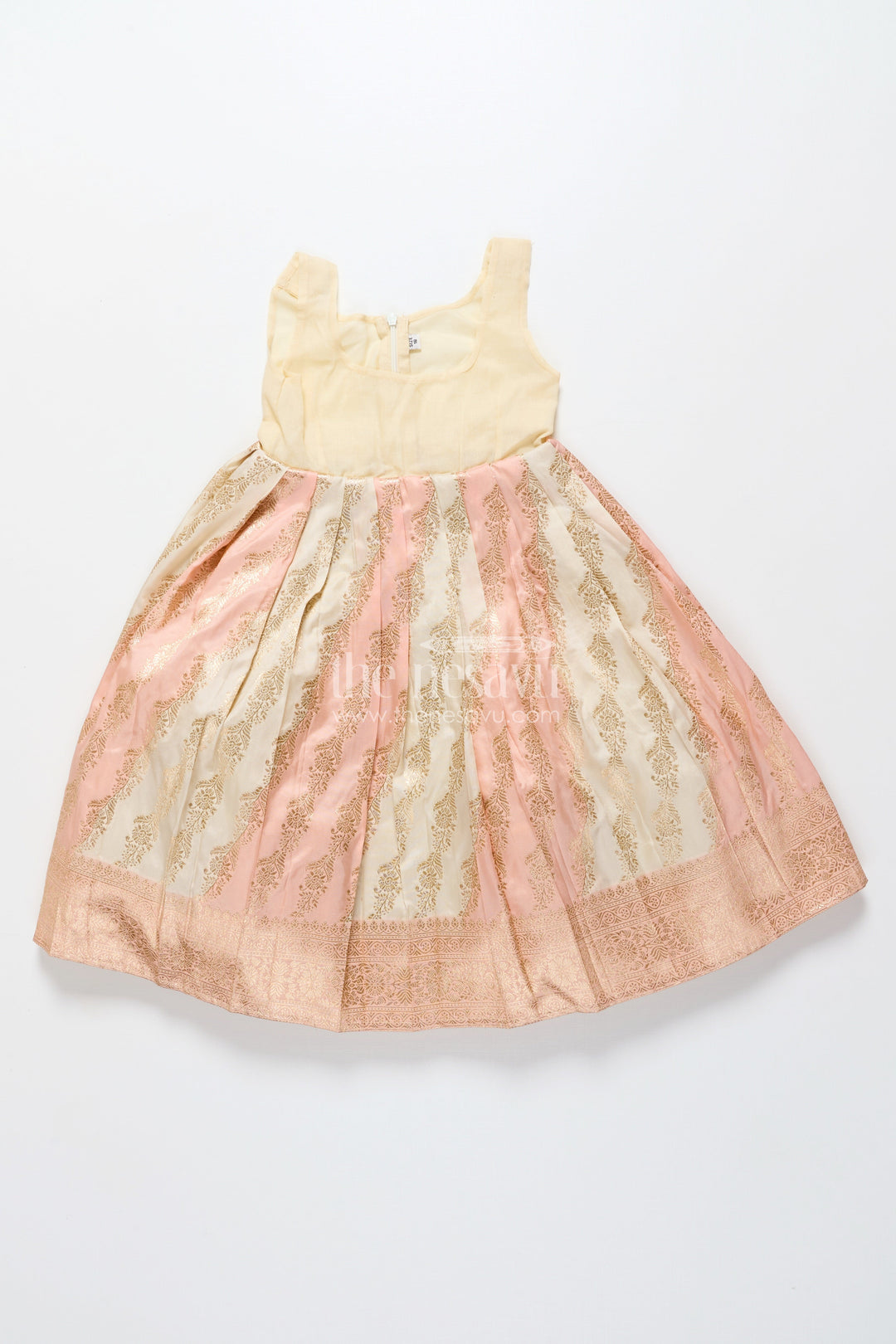 The Nesavu Pattu Pavadai Baby Girl Pattu Pavadai in Peach Silk for Festive Celebrations Nesavu Nesavu baby girl pattu pavadai peach Banaras silk festive family occasions