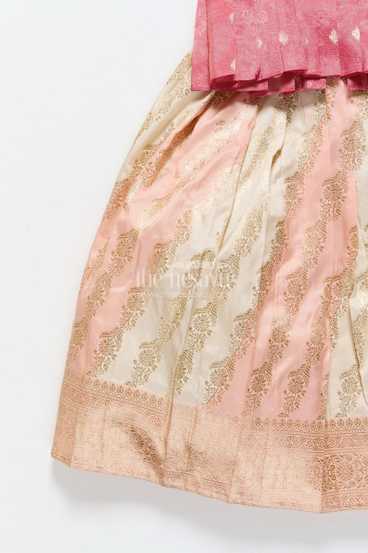 The Nesavu Pattu Pavadai Baby Girl Pattu Pavadai in Peach Silk for Festive Celebrations Nesavu Nesavu baby girl pattu pavadai peach Banaras silk festive family occasions