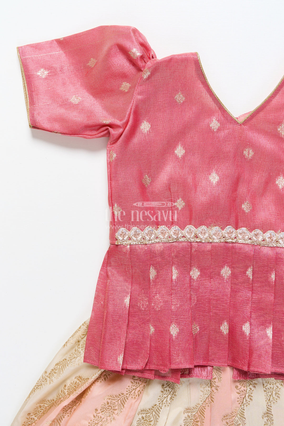 The Nesavu Pattu Pavadai Baby Girl Pattu Pavadai in Peach Silk for Festive Celebrations Nesavu Nesavu baby girl pattu pavadai peach Banaras silk festive family occasions