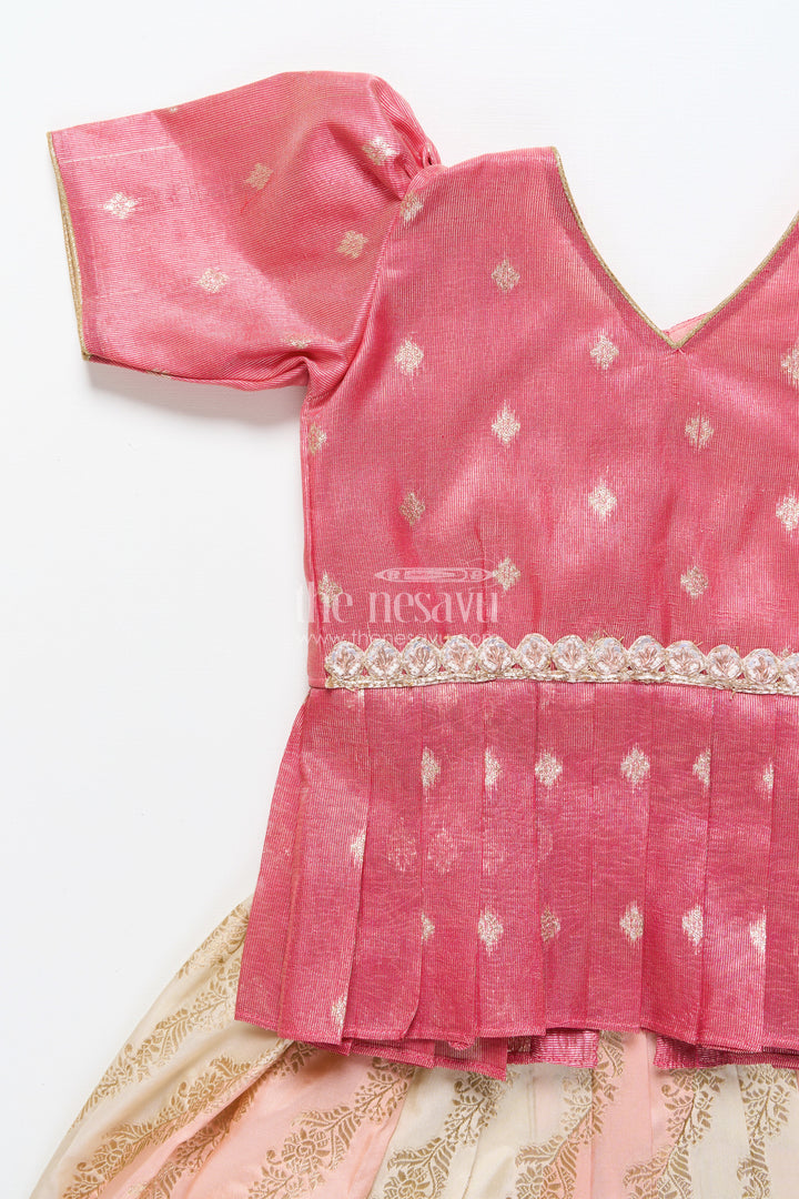 The Nesavu Pattu Pavadai Baby Girl Pattu Pavadai in Peach Silk for Festive Celebrations Nesavu Nesavu baby girl pattu pavadai peach Banaras silk festive family occasions
