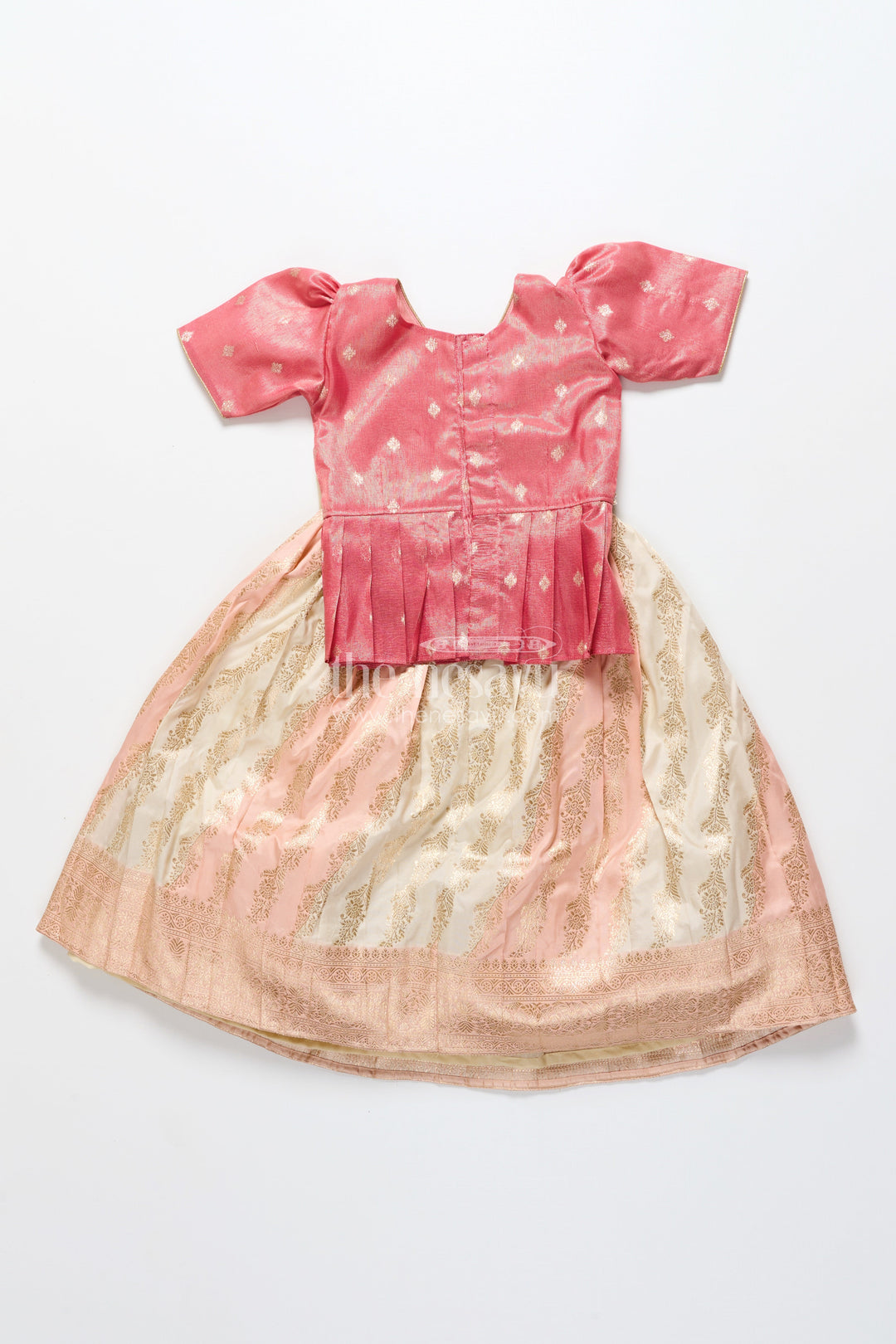 The Nesavu Pattu Pavadai Baby Girl Pattu Pavadai in Peach Silk for Festive Celebrations Nesavu Nesavu baby girl pattu pavadai peach Banaras silk festive family occasions