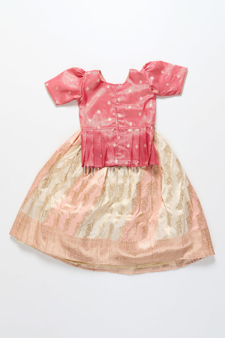 The Nesavu Pattu Pavadai Baby Girl Pattu Pavadai in Peach Silk for Festive Celebrations Nesavu Nesavu baby girl pattu pavadai peach Banaras silk festive family occasions