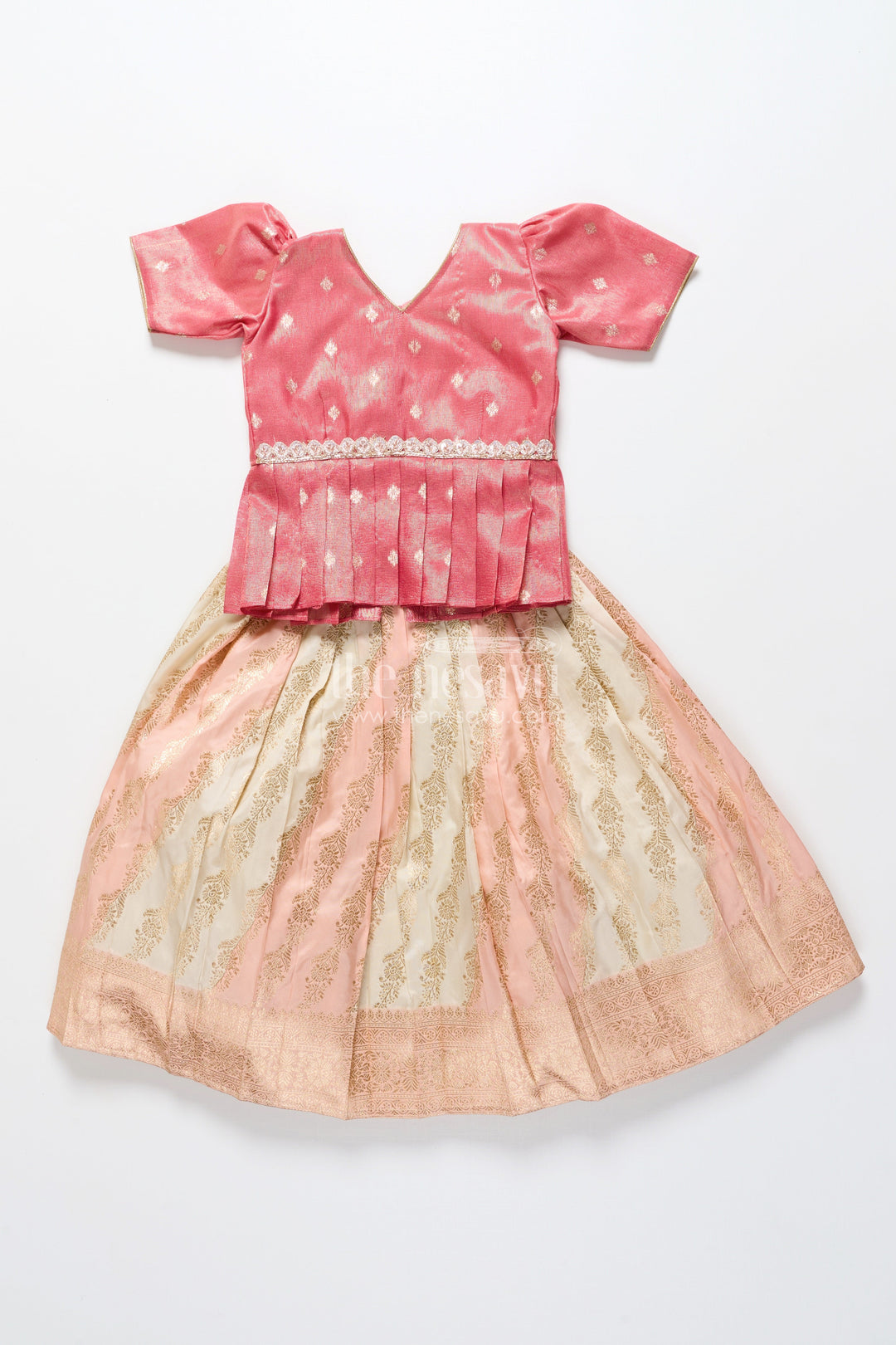 The Nesavu Pattu Pavadai Baby Girl Pattu Pavadai in Peach Silk for Festive Celebrations Nesavu Nesavu baby girl pattu pavadai peach Banaras silk festive family occasions