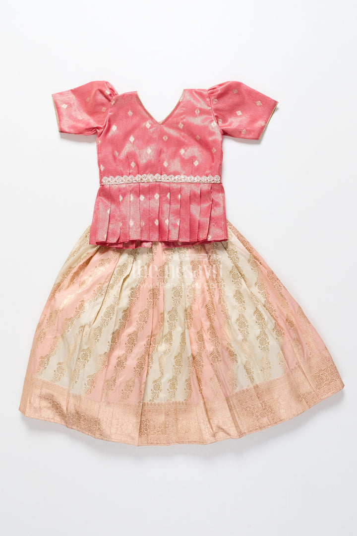 The Nesavu Pattu Pavadai Baby Girl Pattu Pavadai in Peach Silk for Festive Celebrations Nesavu Nesavu baby girl pattu pavadai peach Banaras silk festive family occasions
