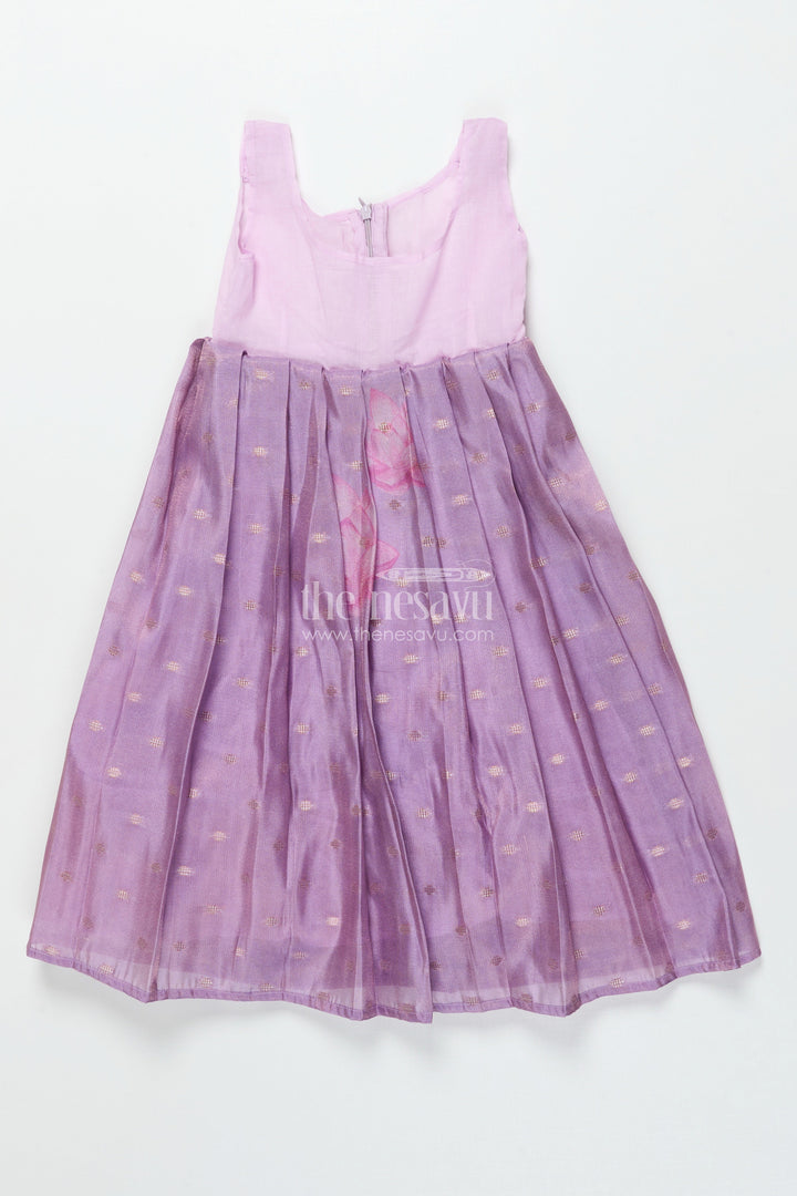 The Nesavu Pattu Pavadai Baby Girl Pattu Pavadai with Banaras Silk Yoke for Festive Photoshoots Nesavu 18 (2Y) / Purple GPP344B-18 Nesavu baby girl pattu pavadai with Banaras silk yoke and semi Banaras skirt for festive photos and rituals
