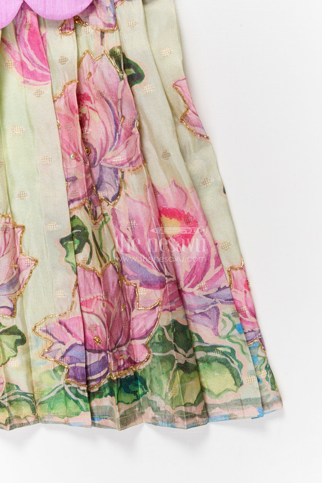 The Nesavu Pattu Pavadai Baby Girl Pattu Pavadai with Floral Skirt for Wedding and Festive Wear Nesavu Nesavu baby girl pattu pavadai with digital floral print skirt and scallop blouse for festive occasions