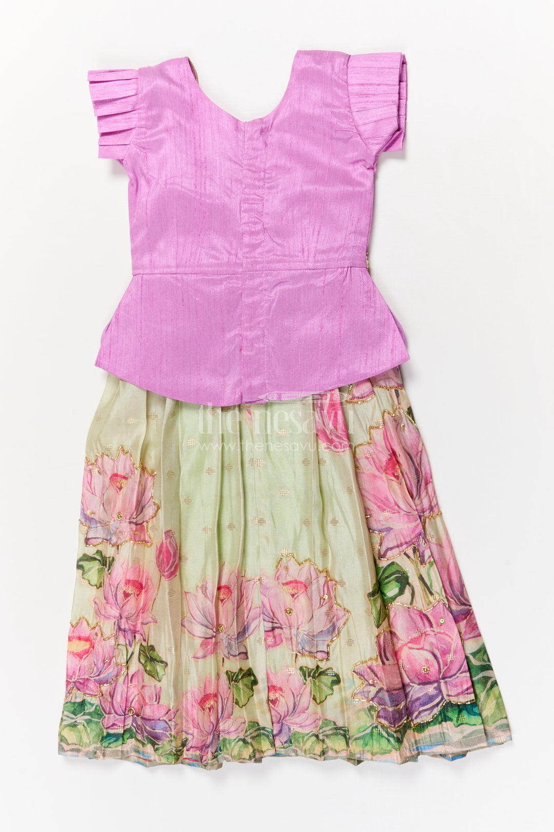 The Nesavu Pattu Pavadai Baby Girl Pattu Pavadai with Floral Skirt for Wedding and Festive Wear Nesavu Nesavu baby girl pattu pavadai with digital floral print skirt and scallop blouse for festive occasions