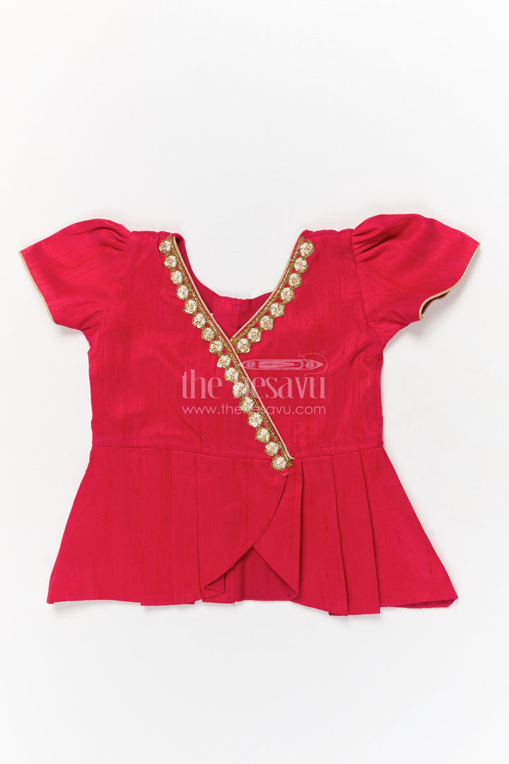 The Nesavu Pattu Pavadai Baby Girl Pattu Pavadai with Raw Silk Yoke for Festive Occasions Nesavu 18 (2Y) / Red GPP353B-18 Nesavu baby girl pattu pavadai with raw silk yoke and semi Banaras art silk skirt for traditional events