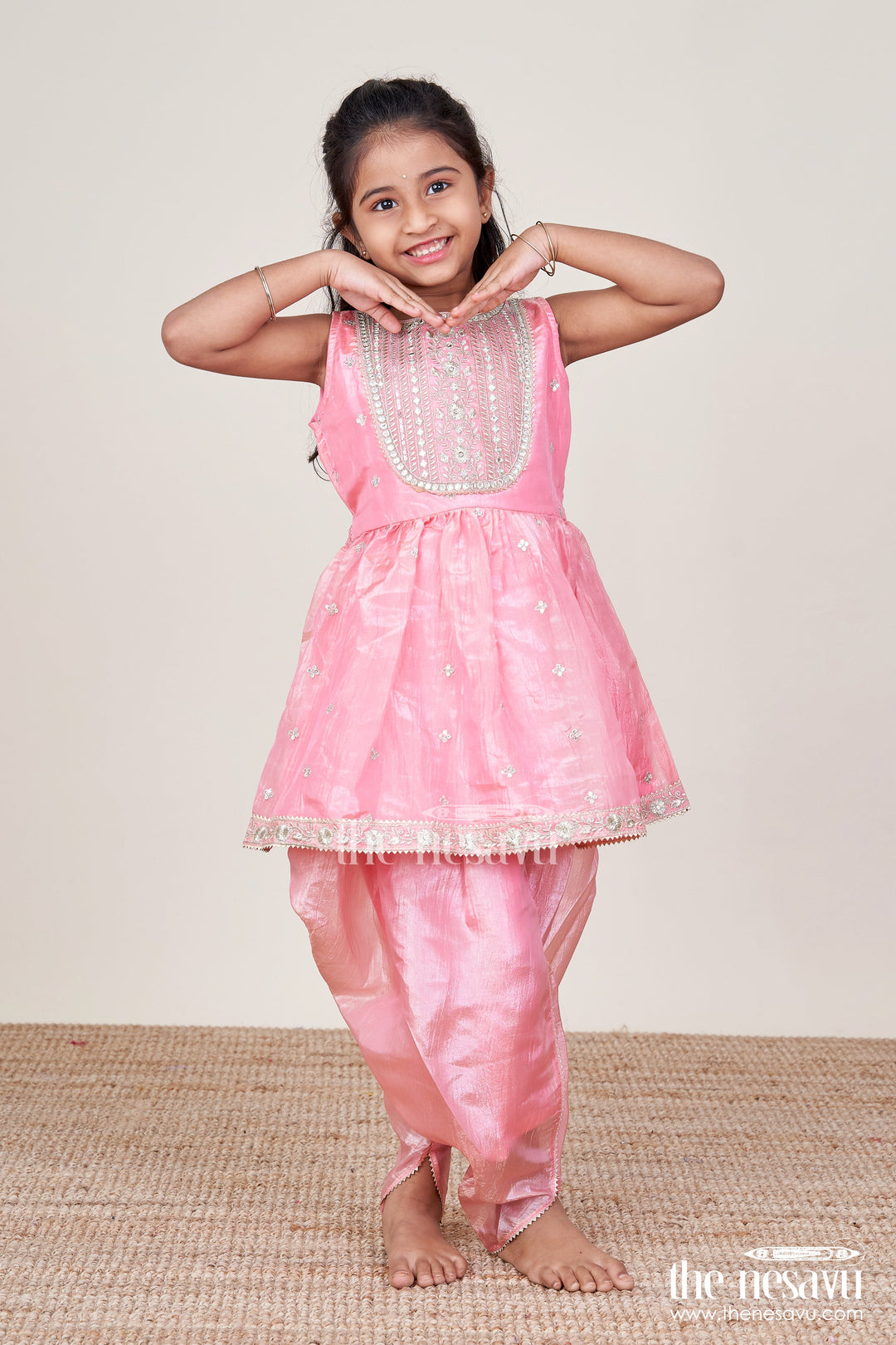 The Nesavu Girls Sharara / Plazo Set Baby Girl Peach Organza Sharara Set with Designer Embroidery for Festive Occasions Nesavu Nesavu baby girl peach organza sharara set mirror embroidery weddings