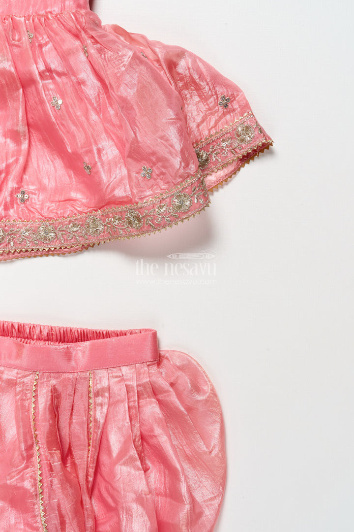 The Nesavu Girls Sharara / Plazo Set Baby Girl Peach Organza Sharara Set with Designer Embroidery for Festive Occasions Nesavu Nesavu baby girl peach organza sharara set mirror embroidery weddings