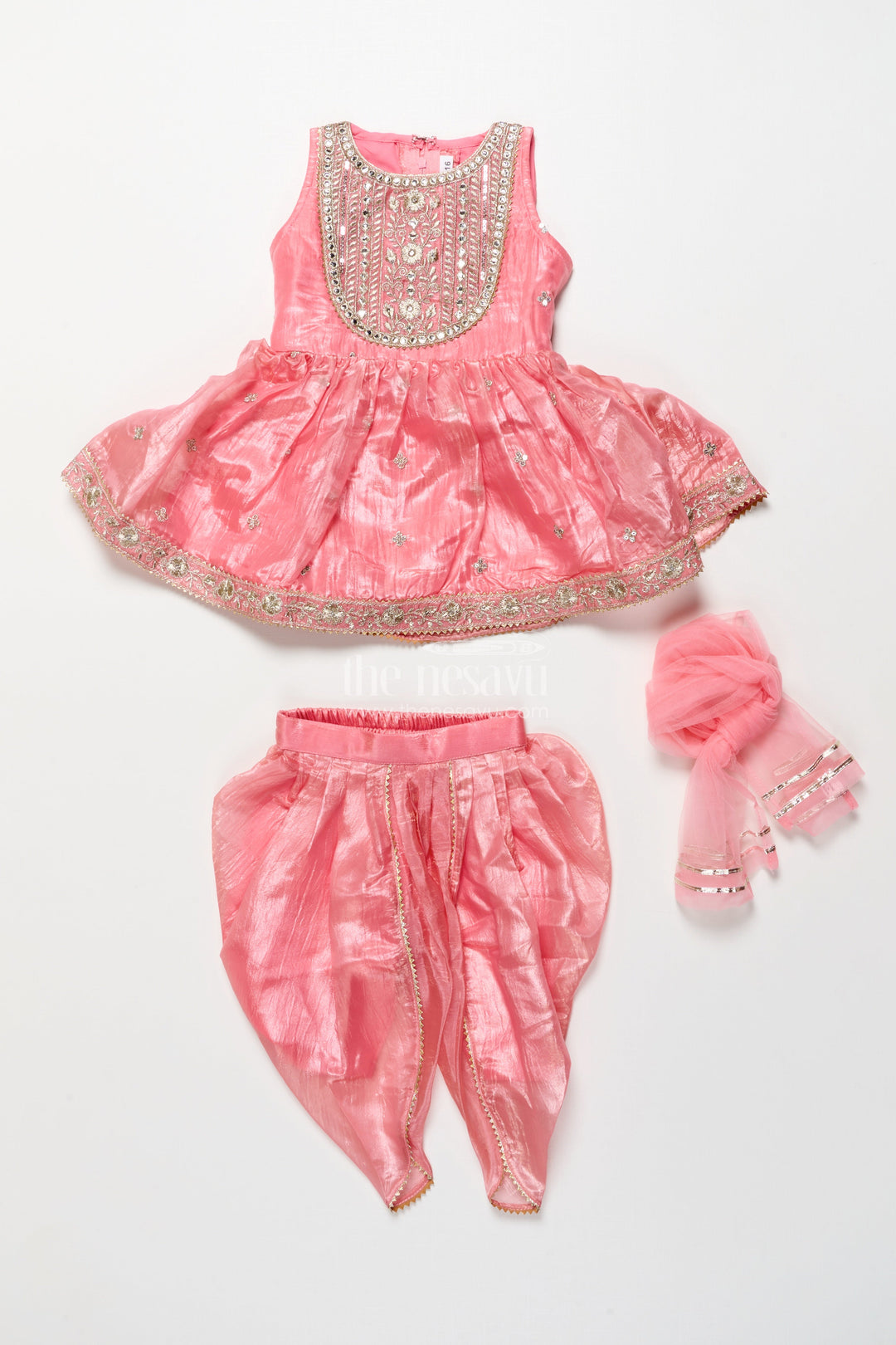 The Nesavu Girls Sharara / Plazo Set Baby Girl Peach Organza Sharara Set with Designer Embroidery for Festive Occasions Nesavu Nesavu baby girl peach organza sharara set mirror embroidery weddings