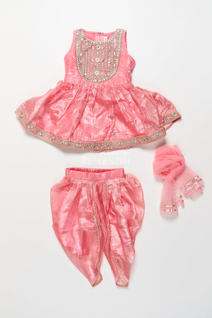 The Nesavu Girls Sharara / Plazo Set Baby Girl Peach Organza Sharara Set with Designer Embroidery for Festive Occasions Nesavu Nesavu baby girl peach organza sharara set mirror embroidery weddings