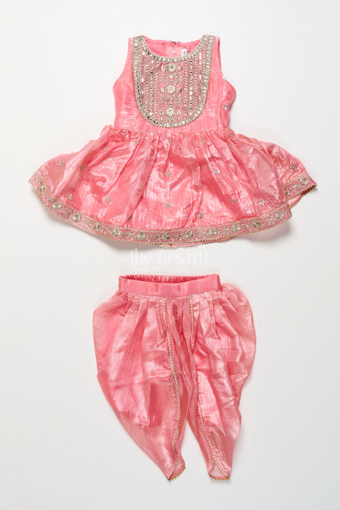 The Nesavu Girls Sharara / Plazo Set Baby Girl Peach Organza Sharara Set with Designer Embroidery for Festive Occasions Nesavu Nesavu baby girl peach organza sharara set mirror embroidery weddings