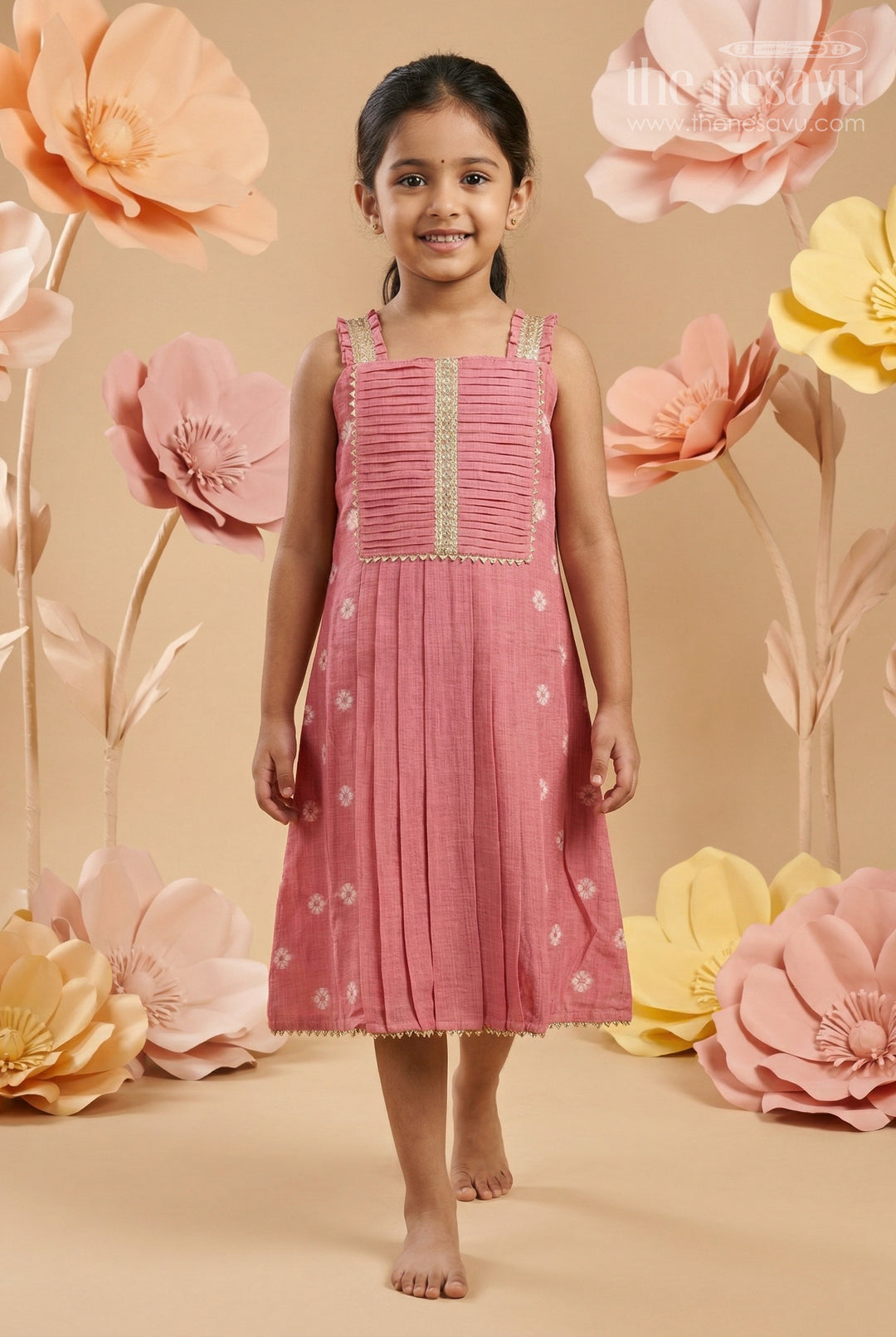 The Nesavu Girls Cotton Frock Baby Girl Pink Frock for Birthday Parties and Festive Outings Nesavu 22 (4Y) / Pink / Cotton GFC2179A-22 Nesavu Baby Girl Cotton Jacquard Frock For Birthday Parties And Festive Outings In Soft Breathable Fabric