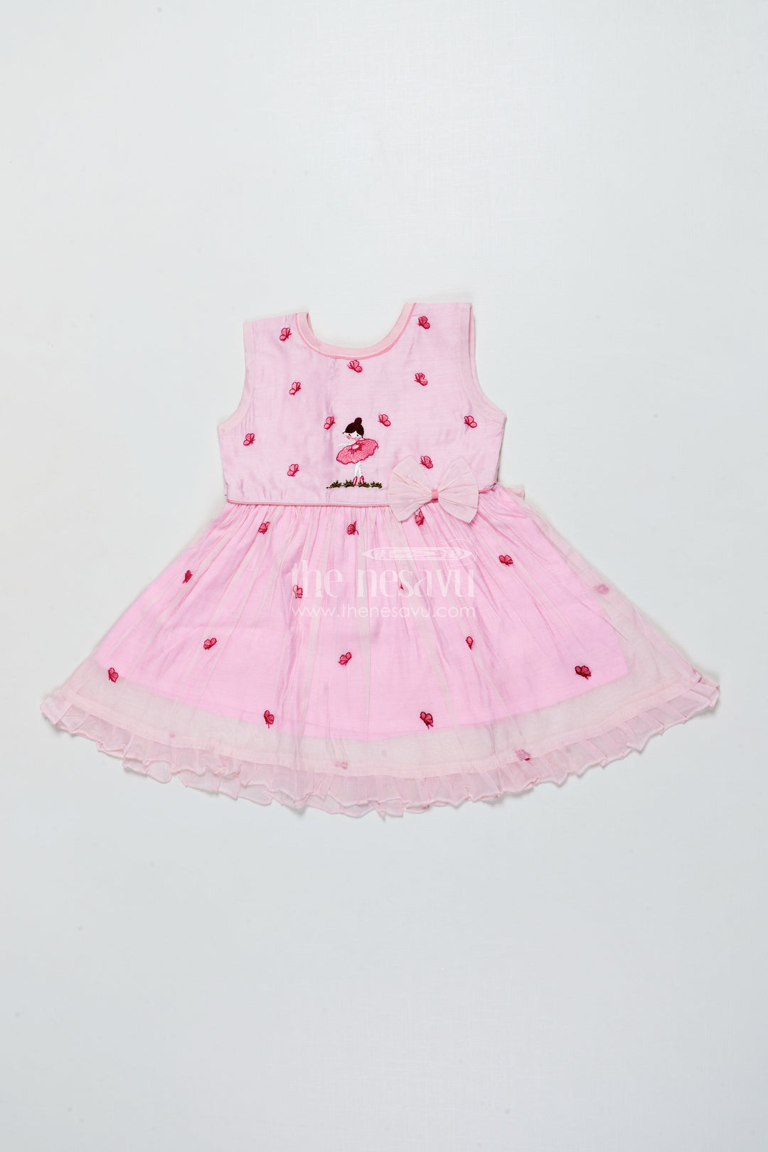 The Nesavu Girls Chanderi Frock Baby Girl Pink Frock In Chanderi Cotton for Birthdays and Photoshoots Nesavu 16 (1Y) / Pink GFC2005A-16 Nesavu baby girl pink frock Chanderi cotton bow  perfect birthdays photoshoots