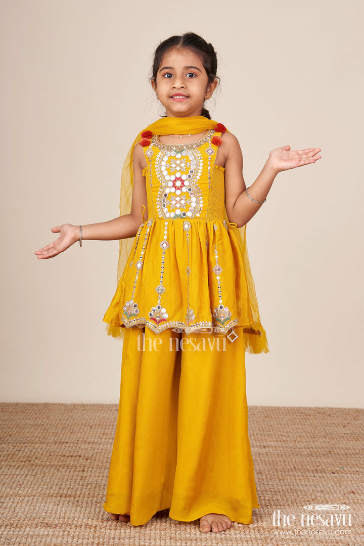 The Nesavu Girls Sharara / Plazo Set Baby Girl Plazo Set for Festive Parties and Cultural Functions Nesavu 16 (1Y) / Yellow GPS867A-16 Nesavu baby girl plazo set mirror embroidered yoke flared pants festive celebrations