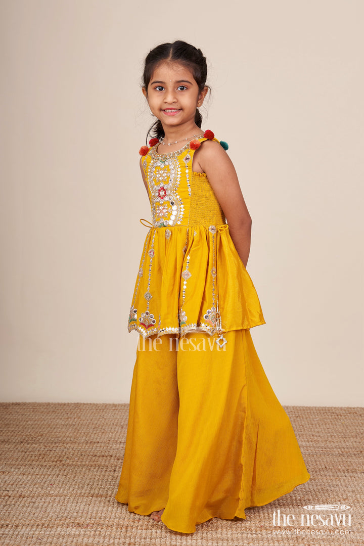 The Nesavu Girls Sharara / Plazo Set Baby Girl Plazo Set for Festive Parties and Cultural Functions Nesavu Nesavu baby girl plazo set mirror embroidered yoke flared pants festive celebrations