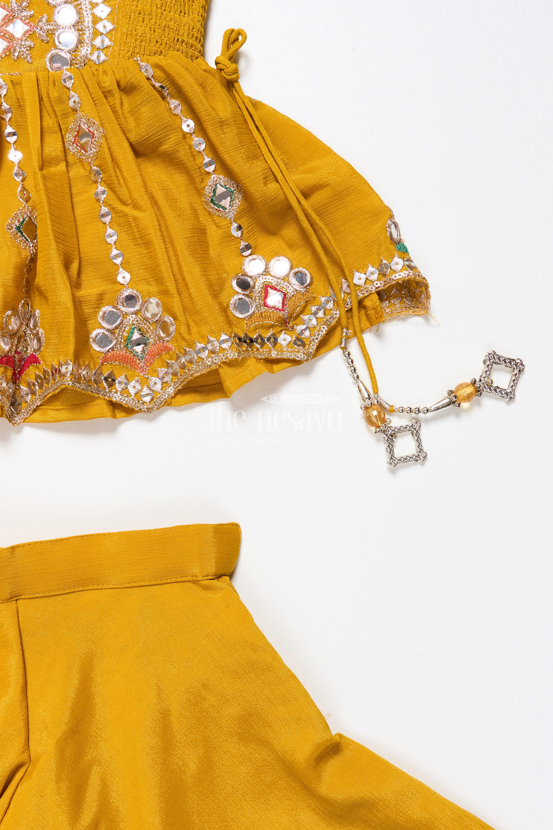 The Nesavu Girls Sharara / Plazo Set Baby Girl Plazo Set for Festive Parties and Cultural Functions Nesavu Nesavu baby girl plazo set mirror embroidered yoke flared pants festive celebrations
