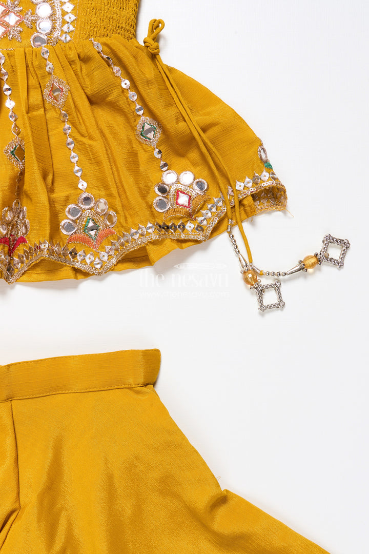 The Nesavu Girls Sharara / Plazo Set Baby Girl Plazo Set for Festive Parties and Cultural Functions Nesavu Nesavu baby girl plazo set mirror embroidered yoke flared pants festive celebrations