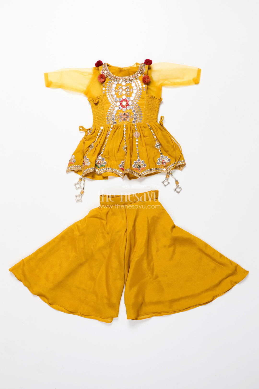 The Nesavu Girls Sharara / Plazo Set Baby Girl Plazo Set for Festive Parties and Cultural Functions Nesavu Nesavu baby girl plazo set mirror embroidered yoke flared pants festive celebrations