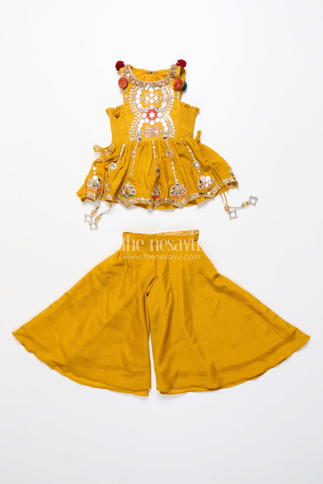 The Nesavu Girls Sharara / Plazo Set Baby Girl Plazo Set for Festive Parties and Cultural Functions Nesavu Nesavu baby girl plazo set mirror embroidered yoke flared pants festive celebrations