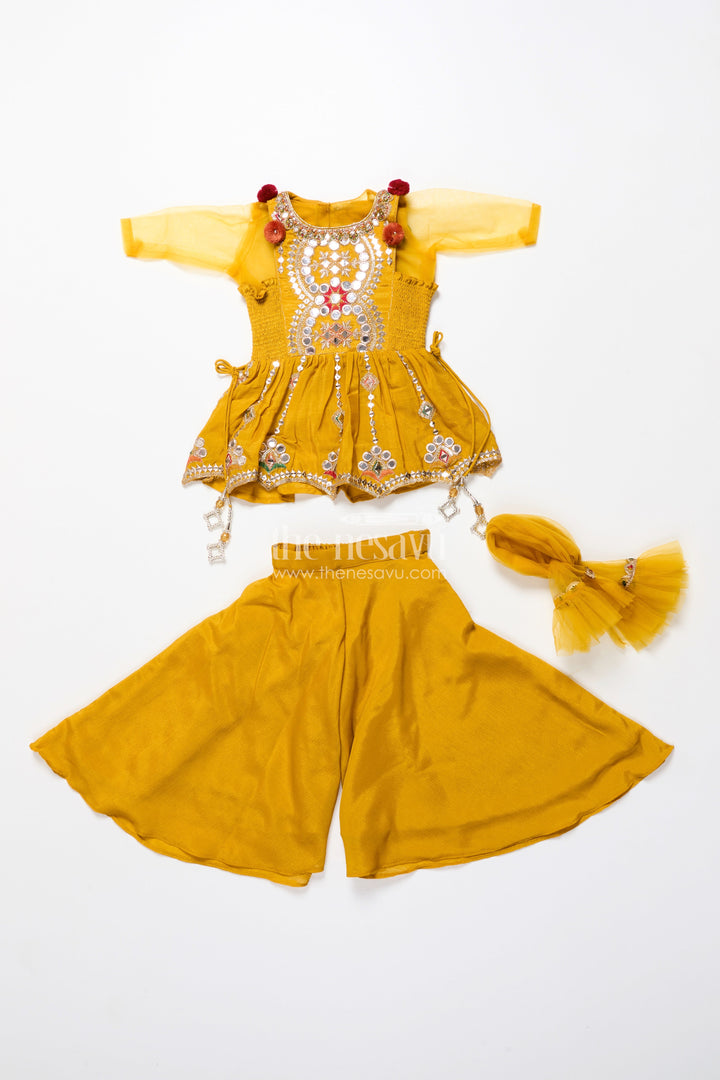 The Nesavu Girls Sharara / Plazo Set Baby Girl Plazo Set for Festive Parties and Cultural Functions Nesavu Nesavu baby girl plazo set mirror embroidered yoke flared pants festive celebrations