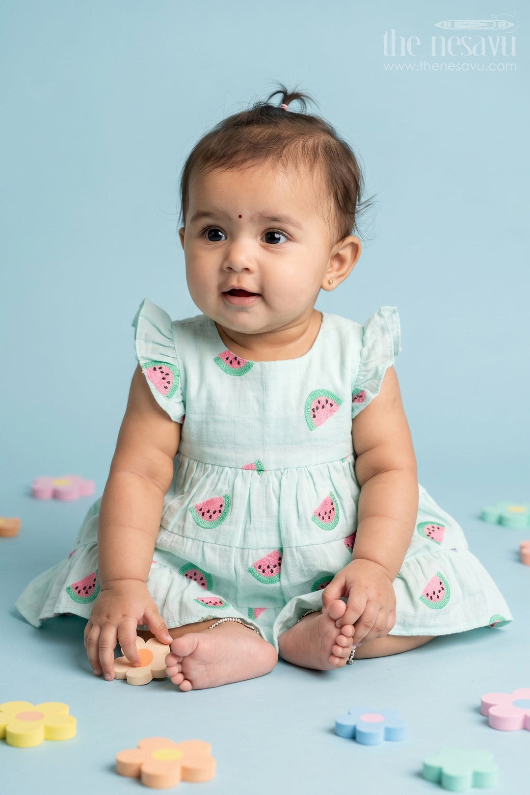 The Nesavu Baby Cotton Frocks Baby Girl Printed Frock for Daily Wear and Cute Outings Nesavu 16 (1Y) / Blue / Muslin Cotton BFJ996B-16 Nesavu Baby Girl Printed Muslin Cotton Frock For Daily Wear And Outings With Tiered Flared Design