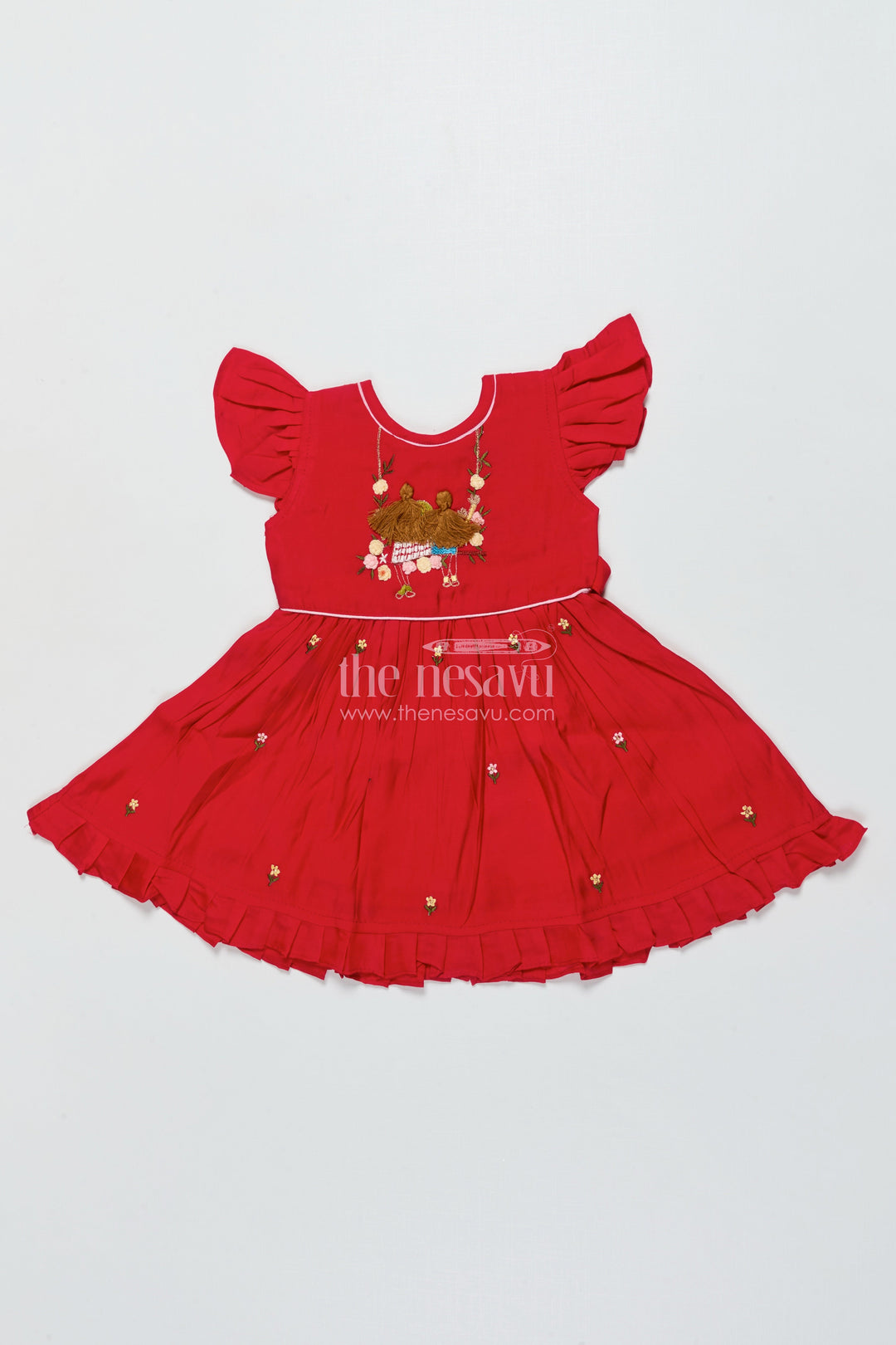 The Nesavu Girls Chanderi Frock Baby Girl Red Chanderi Frock with Embroidery for Birthdays and Festive Occasions Nesavu 16 (1Y) / Red GFC2007A-16 Nesavu baby girl red Chanderi cotton frock embroidery  perfect birthdays festive moments