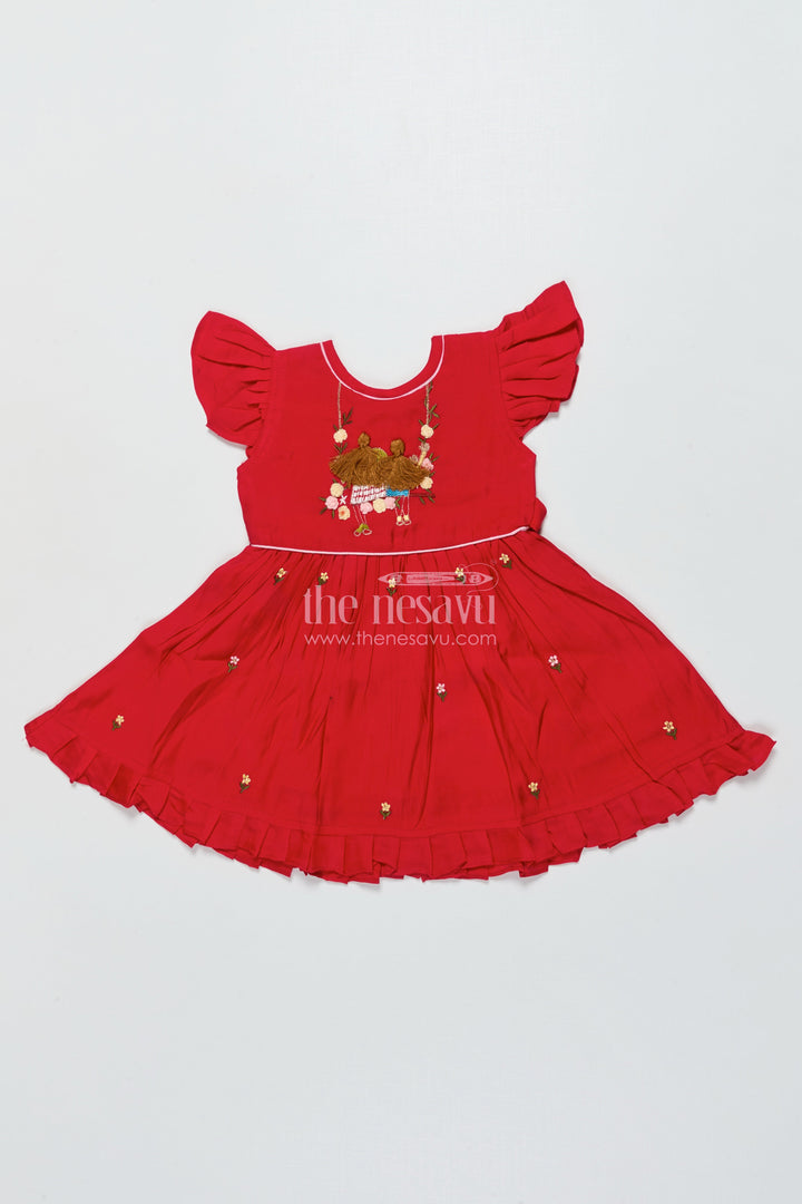 The Nesavu Girls Chanderi Frock Baby Girl Red Chanderi Frock with Embroidery for Birthdays and Festive Occasions Nesavu 16 (1Y) / Red GFC2007A-16 Nesavu baby girl red Chanderi cotton frock embroidery  perfect birthdays festive moments