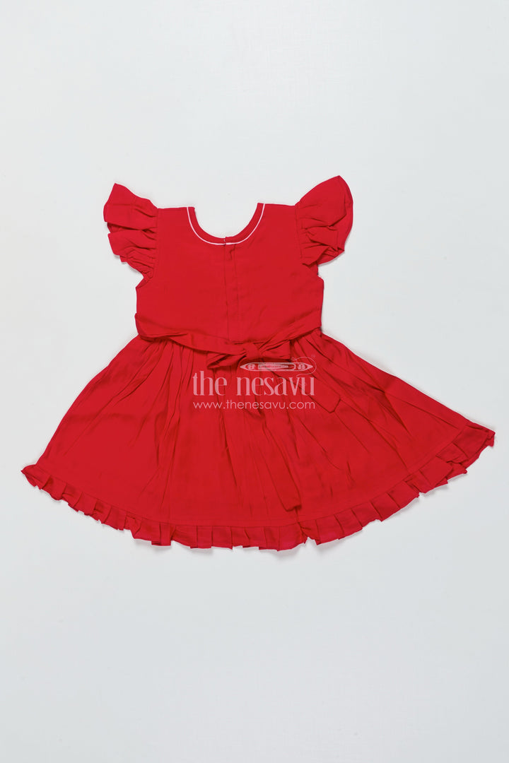 The Nesavu Girls Chanderi Frock Baby Girl Red Chanderi Frock with Embroidery for Birthdays and Festive Occasions Nesavu Nesavu baby girl red Chanderi cotton frock embroidery  perfect birthdays festive moments
