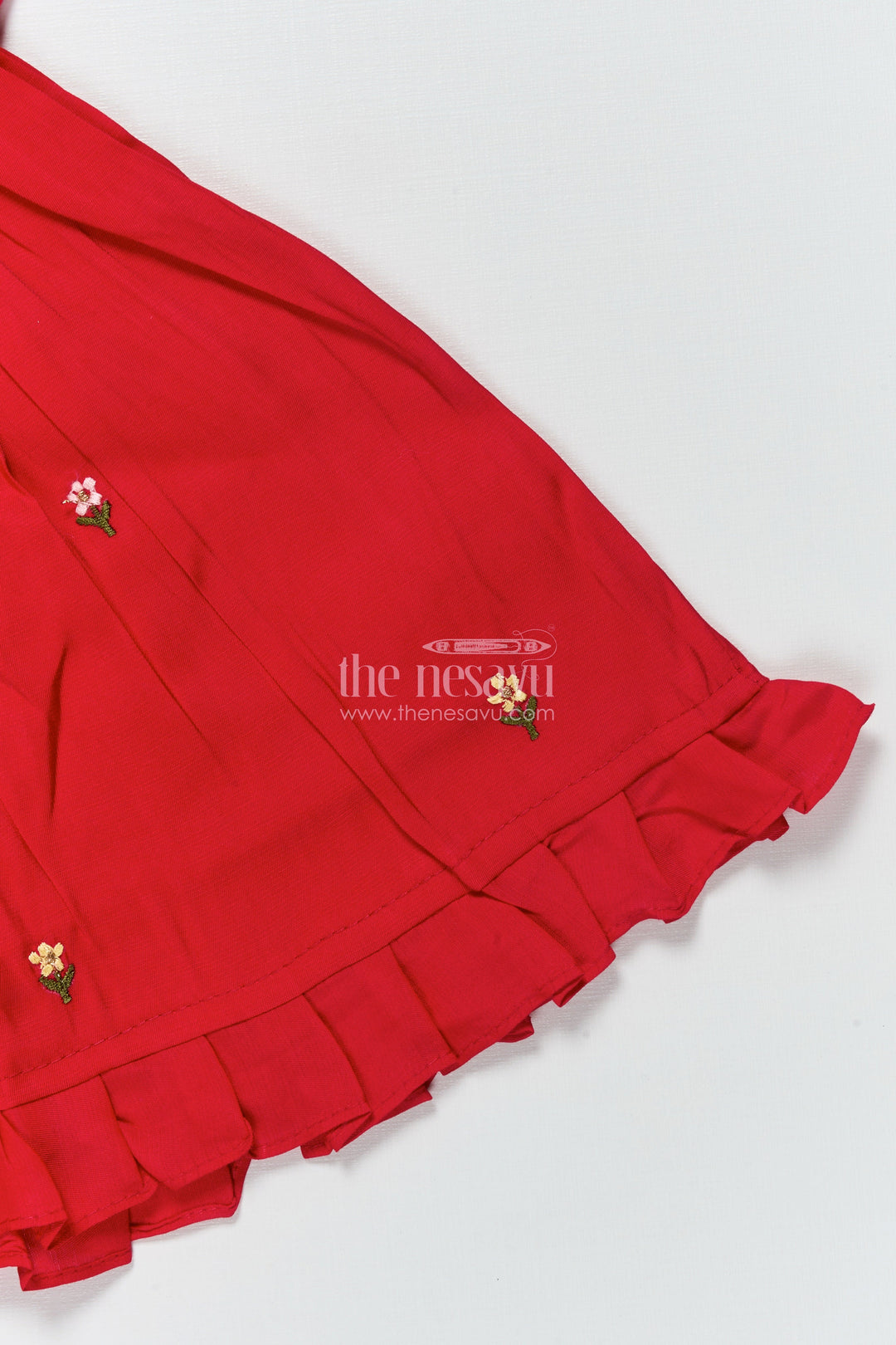 The Nesavu Girls Chanderi Frock Baby Girl Red Chanderi Frock with Embroidery for Birthdays and Festive Occasions Nesavu Nesavu baby girl red Chanderi cotton frock embroidery  perfect birthdays festive moments