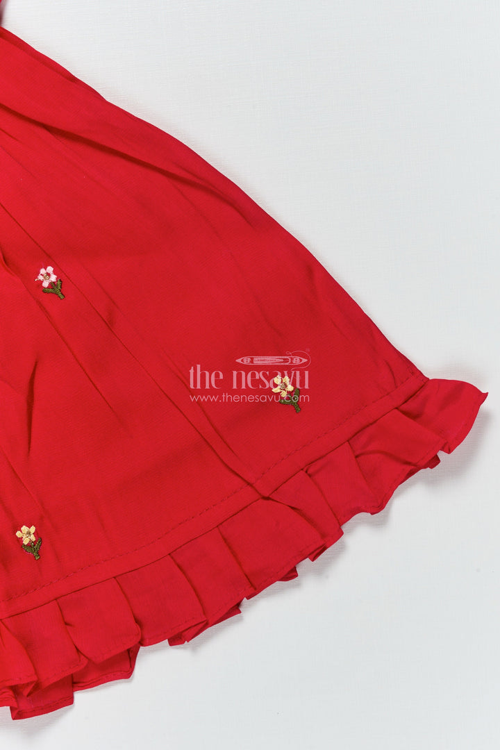 The Nesavu Girls Chanderi Frock Baby Girl Red Chanderi Frock with Embroidery for Birthdays and Festive Occasions Nesavu Nesavu baby girl red Chanderi cotton frock embroidery  perfect birthdays festive moments