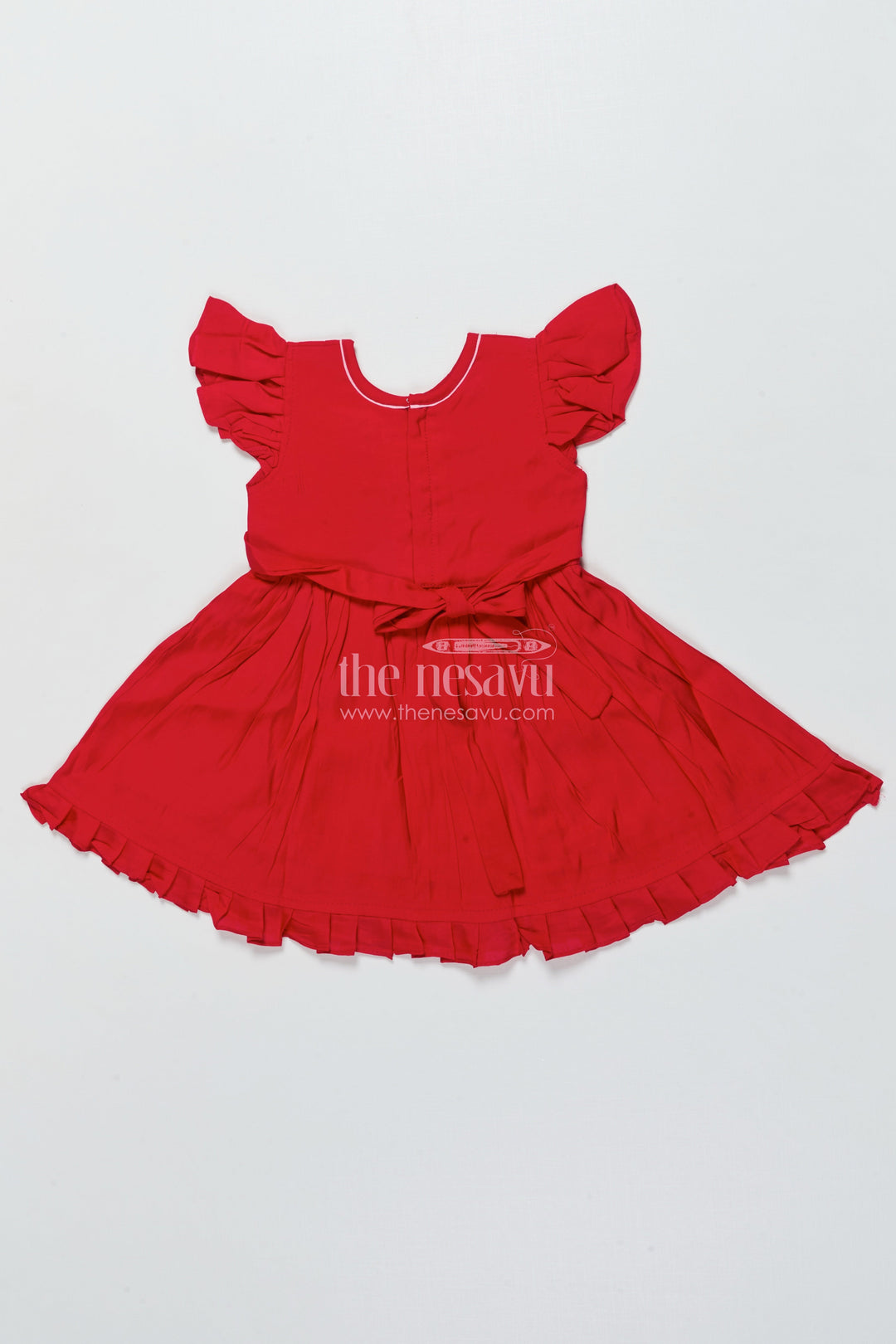 The Nesavu Girls Chanderi Frock Baby Girl Red Chanderi Frock with Embroidery for Birthdays and Festive Occasions Nesavu Nesavu baby girl red Chanderi cotton frock embroidery  perfect birthdays festive moments