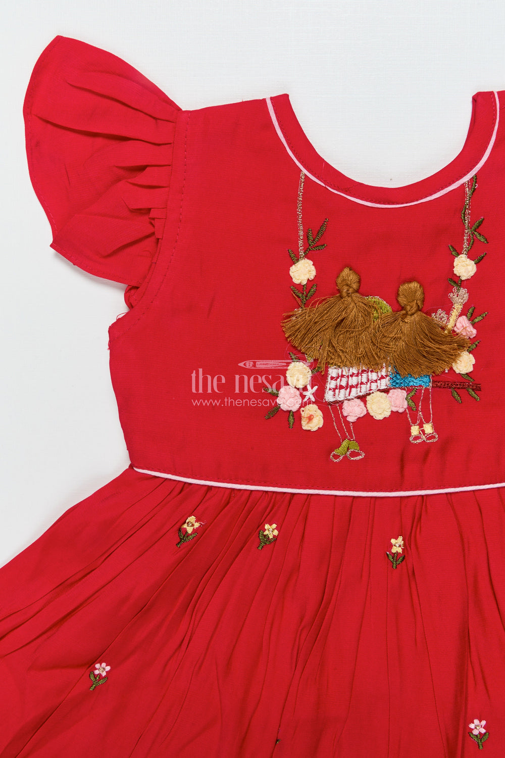 The Nesavu Girls Chanderi Frock Baby Girl Red Chanderi Frock with Embroidery for Birthdays and Festive Occasions Nesavu Nesavu baby girl red Chanderi cotton frock embroidery  perfect birthdays festive moments