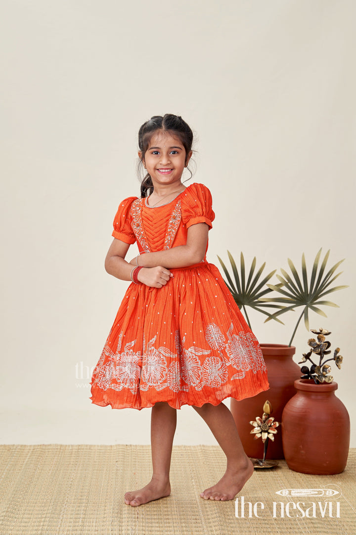 The Nesavu Silk Frock Baby Girl Red Silk Frock with Sparkling Stones for Parties and Family Functions Nesavu 18 (2Y) / Orange SF1036C-18 Nesavu Baby Girl Red Silk Frock With Stone Embellishments Festive Partywear For Toddlers
