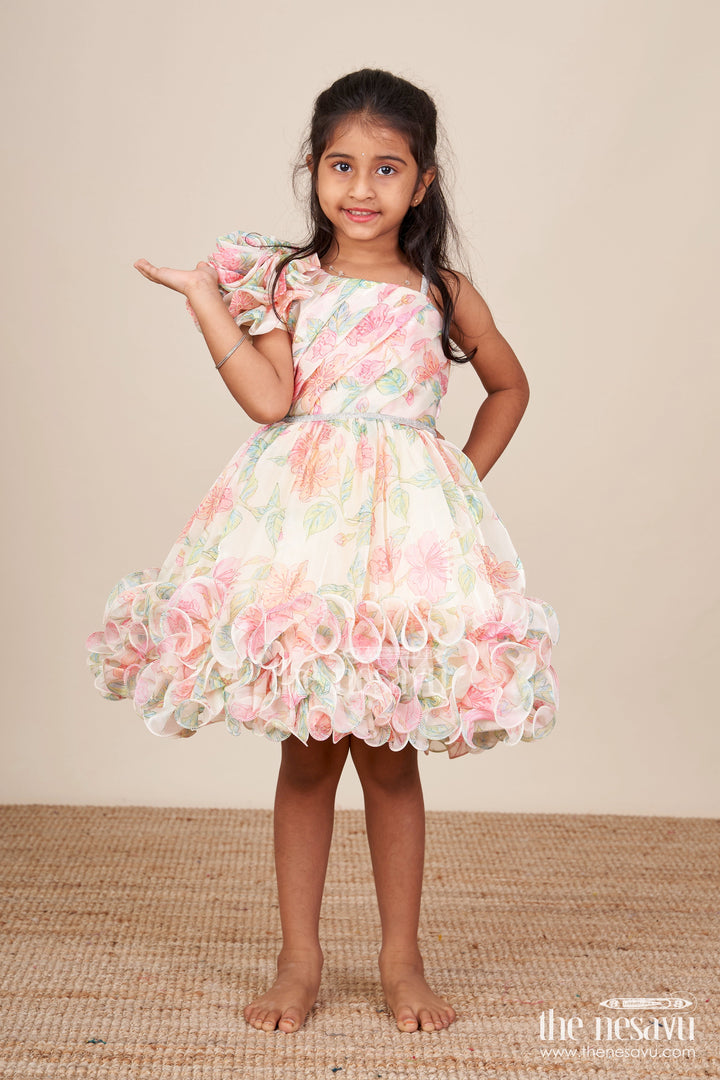 The Nesavu Girls Fancy Party Frock Baby Girl Ruffle Frock for Birthday Parties and Photoshoots Nesavu Nesavu baby girl ruffle frock 3D florals digital print  perfect birthdays celebrations