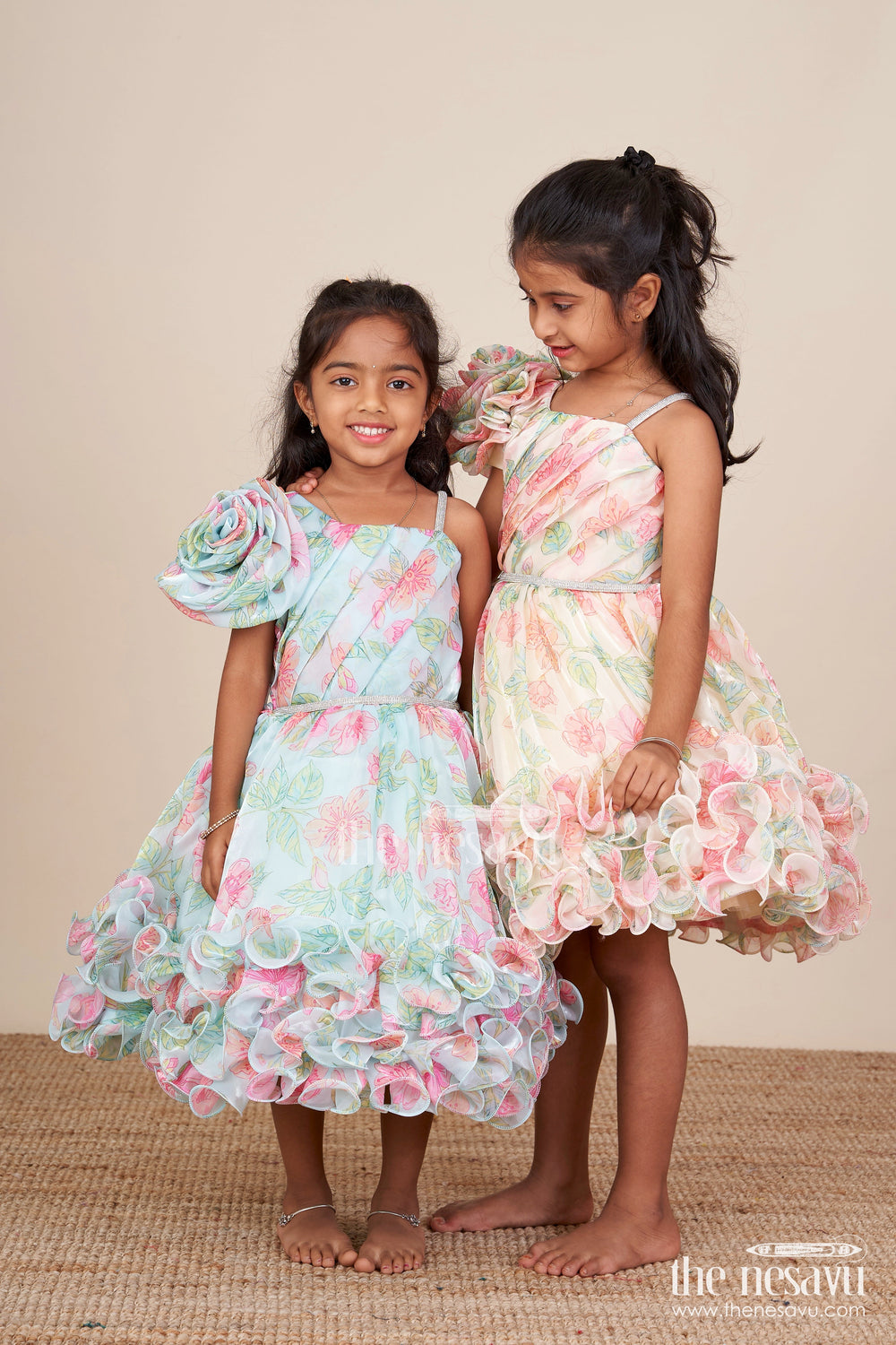 The Nesavu Girls Fancy Party Frock Baby Girl Ruffle Frock for Birthday Parties and Photoshoots Nesavu Nesavu baby girl ruffle frock 3D florals digital print  perfect birthdays celebrations