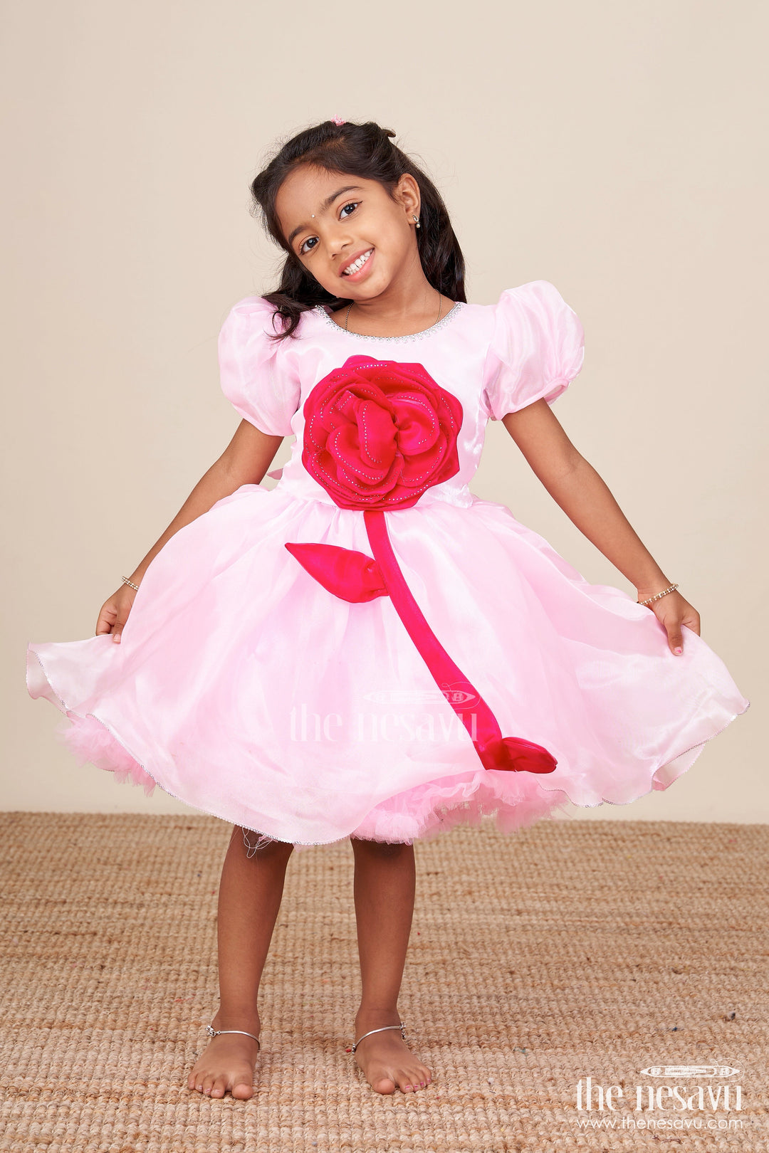 The Nesavu Girls Fancy Party Frock Baby Girl Satin Party Frock with 3D Flower for Birthdays and Photoshoots Nesavu 16 (1Y) / Pink PF223C-16 Nesavu baby girl satin party frock 3D rose design birthdays special events