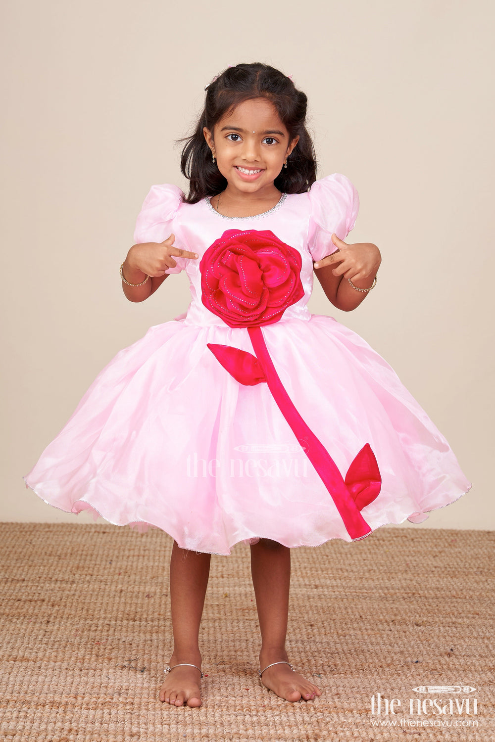 The Nesavu Girls Fancy Party Frock Baby Girl Satin Party Frock with 3D Flower for Birthdays and Photoshoots Nesavu Nesavu baby girl satin party frock 3D rose design birthdays special events