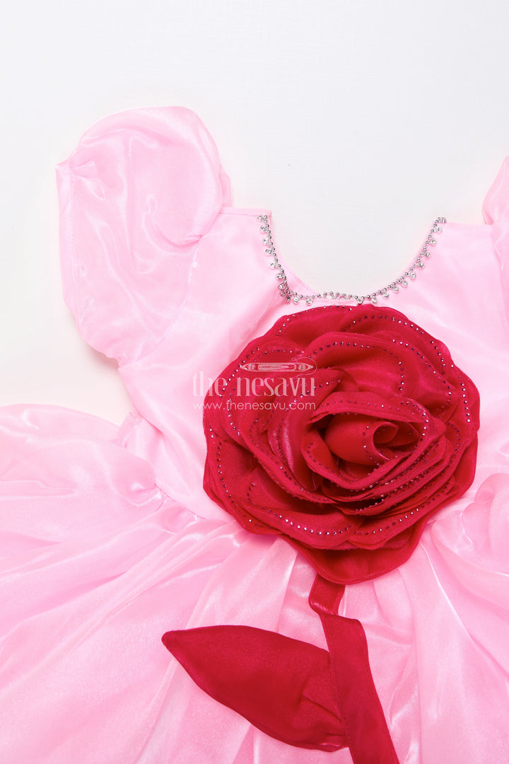 The Nesavu Girls Fancy Party Frock Baby Girl Satin Party Frock with 3D Flower for Birthdays and Photoshoots Nesavu Nesavu baby girl satin party frock 3D rose design birthdays special events