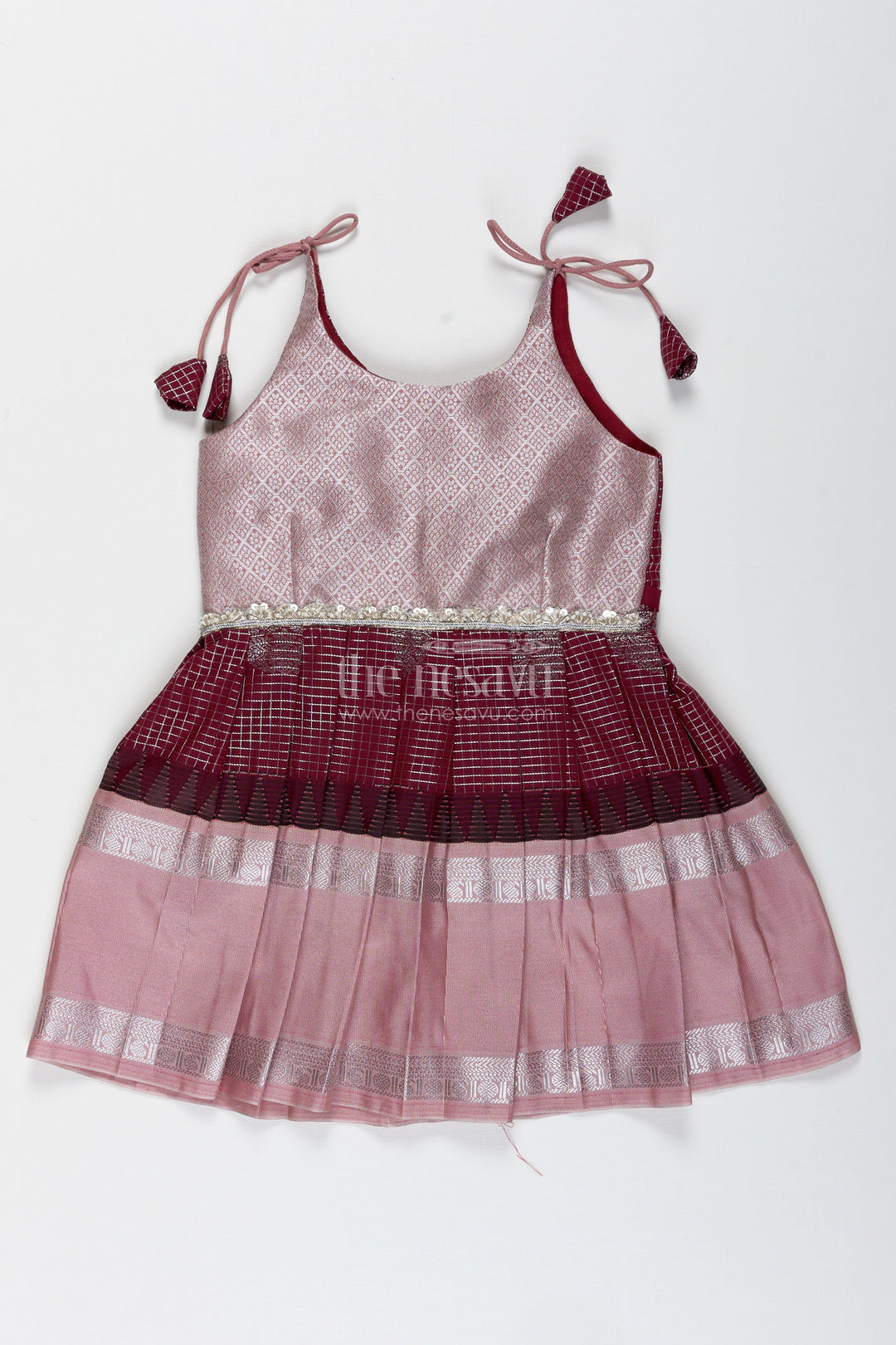 The Nesavu Tie-up Frock Baby Girl Semi Silk Frock for Traditional Functions and Naming Ceremony Nesavu 14 (6M) / Maroon / Style 1 SF998BA-14 Nesavu baby girl semi silk frock naming ceremony ethnic occasions