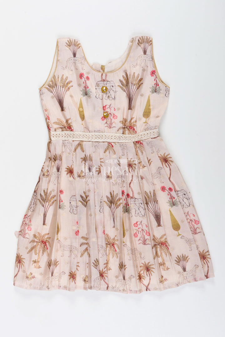 The Nesavu Silk Frock Baby girl semi silk frock with animal print for festive occasions Nesavu 18 (2Y) / Cream SF1067A-18 Nesavu baby girl semi silk frock jungle print cream  perfect weddings poojas