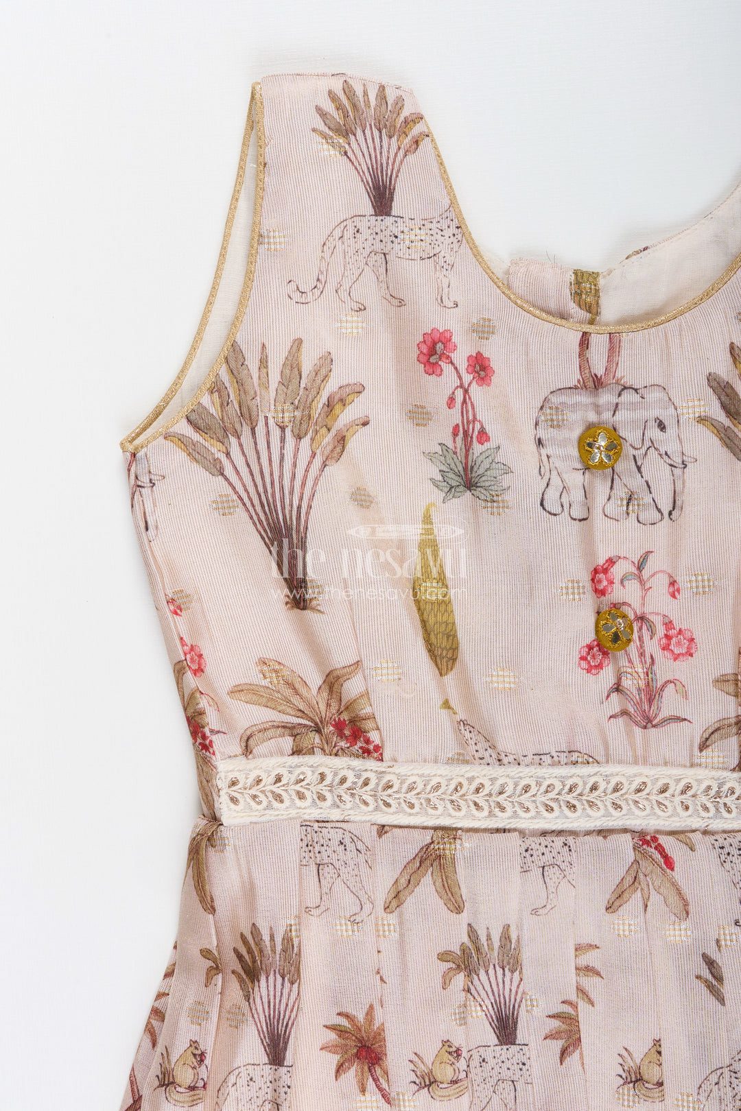 The Nesavu Silk Frock Baby girl semi silk frock with animal print for festive occasions Nesavu Nesavu baby girl semi silk frock jungle print cream  perfect weddings poojas