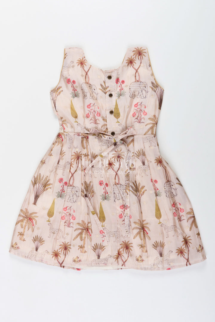 The Nesavu Silk Frock Baby girl semi silk frock with animal print for festive occasions Nesavu Nesavu baby girl semi silk frock jungle print cream  perfect weddings poojas